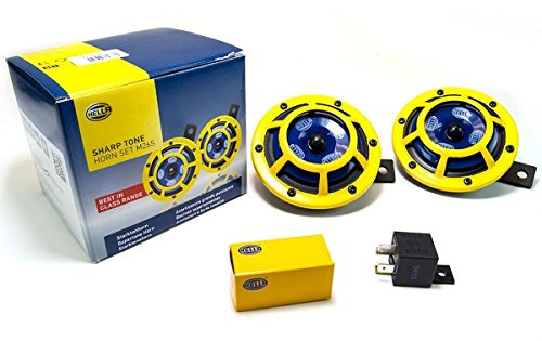 HELLA H31000001 Sharptone - Kit di corno doppio tono alto/basso 12 V con griglia protettiva gialla, relè incluso, 2 clacson