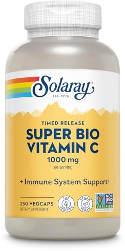 SOLARAY Super Bio Vitamin C 1000mg, Buffered, Two-Stage Timed Release with Bioflavonoids, Immune Support Supplement, High Absorption, Vegan, 60-Day Guarantee – 250 VegCaps