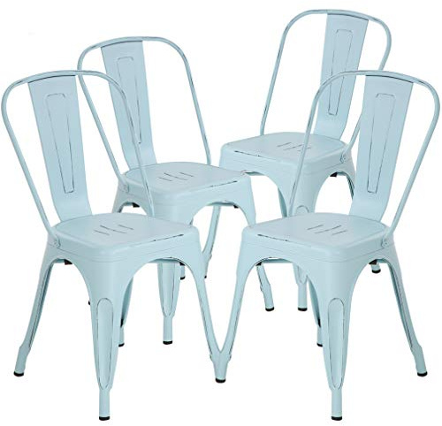 Dkeli Metal Dining Chairs Indoor-Outdoor Stackable Chic Restaurant Bistro Chair Set of 4 330LBS Weight Capacity Sturdy Cafe Tolix Kitchen Farmhouse Pub Trattoria Industrial Side Bar Chairs Blue