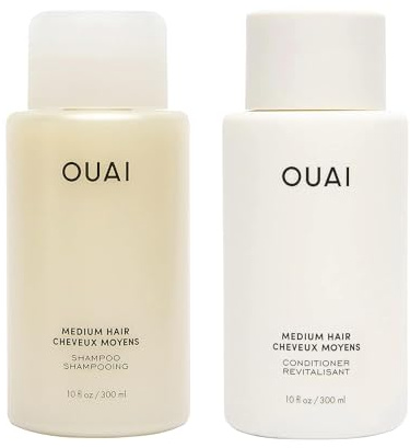 OUAI Medium Shampoo + Conditioner Set - Nourishes with Babassu and Coconut Oils, Strengthens with Keratin & Adds Shine with Kumquat Extract - Free of Parabens, Sulfates & Phthalates - 300 ml Each