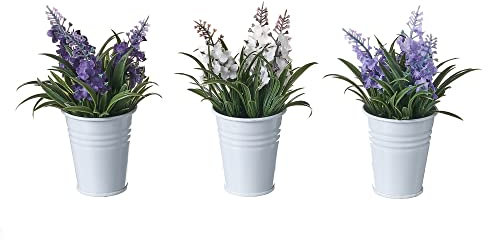 LOLAhome Set de 3 Plantas Artificiales Lavanda de Tela con Vaso Blanco de Metal de Ø 9x14 cm