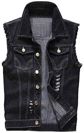 Oanviso Gilet in Denim da Uomo Senza Maniche Vintage Strappato Gilet in Jean Polsini Sfilacciati Gilet Casual Gilet da Cowboy Punk Gilet Confortevole Traspirante All'aperto Gilet B Nero M