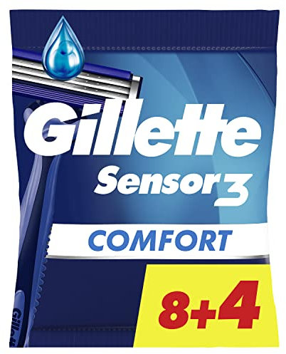 Gillette Sensor3 Comfort, Rasoirs Jetables Pour Homme, Avec Bande Lubrifiante, Lot De 8+4