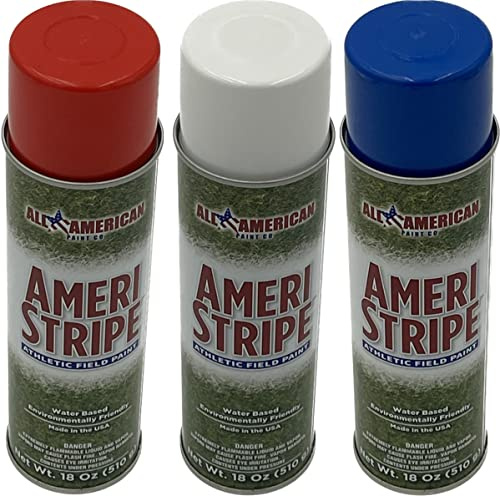 Ameri-Stripe Red White Blue Yard Paint – Grass Marking Paint, Athletic Field Marking Spray Paint, Water-Based Lawn Paint for USA Soccer Fans, Watch Parties, Patriotic Events, 4th of July Stars, Memorial Day & Stencils – 3 Can Pack (18 oz Each Can)