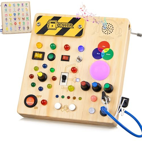 Konijiwa Montessori Busy Board Baby Toys for 1 Year Old with 13 Switches 24 LED Lights Switch Sensory Travel Wooden Activity Learning Toy 1 2 3 Years Old Baby Boys Girls Gifts