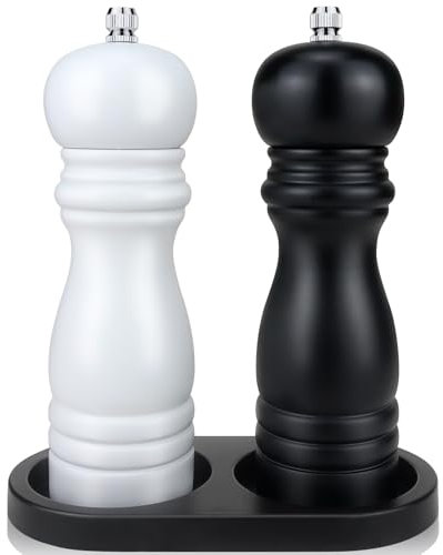 Moulin a Poivre avec Base, Lot de 2 Moulins à Poivre Manuel, Salieres et Poivrieres avec Broyeur en Céramique Réglable, 6,5 Pouces Moulin Poivres en Bois pour Epices (Noir/Blanc)