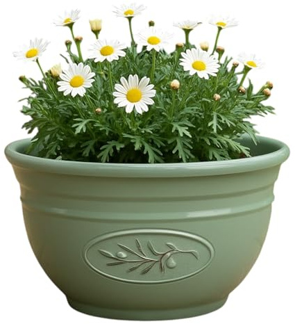 Divas World Olive Green Plastic Planter Pot 30cm Decorative Round Plant Bowl 6 Litre Volume Lightweight Durable Weatherproof Design Indoor Outdoor Garden Patio Balcony Use (1)