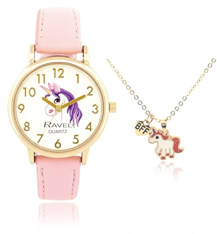 Ravel - Set de Regalo para Niñas Little Gems con Reloj Dorado y Collar de Unicornio - Cuarzo Analógico - R2233.5 - Rosa