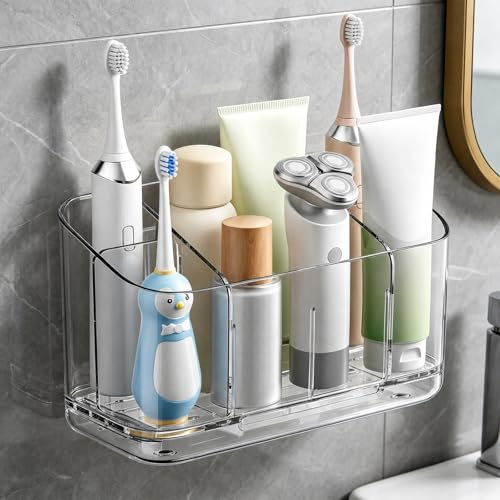 Electric Toothbrush Holder Wall Mounted & Counter Top, 5-Slot Bathroom Organizer with Self-Adhesive & Drainage Holes - Waterproof Adhesive, No Drilling Needed for Bathroom Vanity Sink Storage