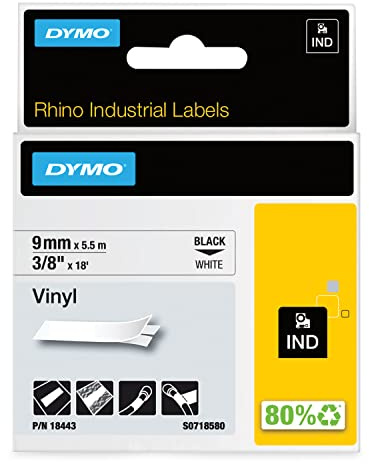 DYMO Rhino Industrial Vinyl Labels | 9 mm x 5.5 m | Black Print on White | Self-Adhesive | for Rhino & LabelManager Label Makers