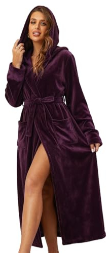 RONGTAI Womens Robes Plush Fleece Dark Purple Hooded Bathrobe Thick Nightgown with Pockets Fluffy Sleepwear X-Large