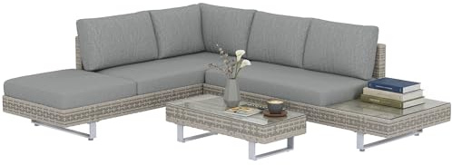 Outsunny Conjunto de Muebles Ratán de 3 Piezas Mesa de Centro Sofá Doble y Sofá de 3 Plazas con Cojines Extraíbles para Exterior Jardín Terraza Patio Acero Gris