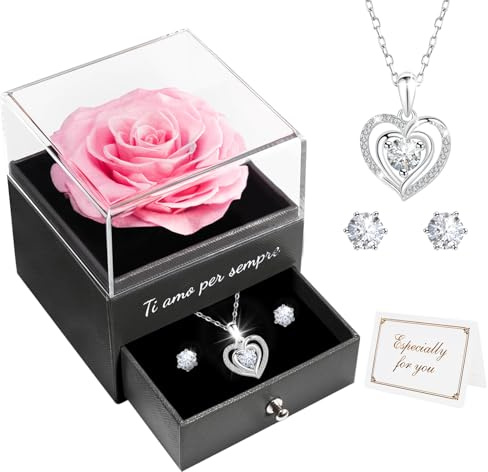 Miofula Rosa Stabilizzata Regalo Donna,Rosa Eterna con Collana Argento 925 Orecchini Donna,Ti Amo per Sempre,Regalo Donna Compleanno,Festa della Mamma Regalo Mamma Fidanzata Anniversario San Valentino