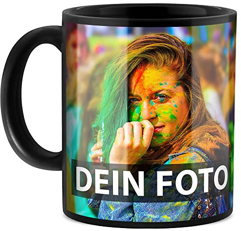 Schwarze Tasse selbst gestalten - mit Text & Foto bedrucken - mit anpassbarem Hintergrund - Geschenk für Familie, Freunde, Geburtstag, Weihnachten - Keramik, 330 ml I Personalisiert