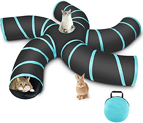 Stronrive Tunnel Chat Jeu Chat, 3 Voies/4 Voies/5 Voies Tunnels Pliable Jouet Labyrinthe Interactif pour Petits Animaux avec Sac Rangement pour Chats, Chiots, Lapins, Cobaye
