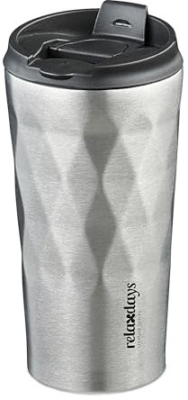 Relaxdays Tazza Termica da caffè, 350 ml, Mug Bevande Calde e Fredde, Borraccia da Viaggio, Acciaio Inox, Argentato Nero