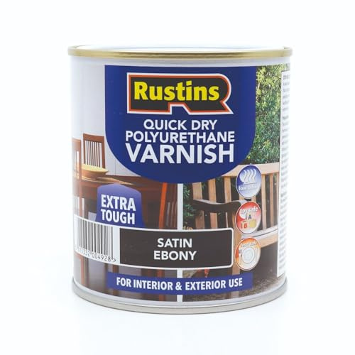 RustinsQuick Dry Poly Varnish Satin Ebony 250ml -Tough, Water-Based Clear Finish in Gloss, Matt or Satin; Durable Protection for Interior Wood, Furniture and Floors