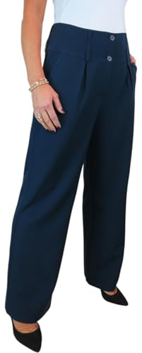 Paulo Due Women's Wide Leg Formal Trousers, High Waist, Pleated Smart Office Workwear Navy Blue 10-22 (18)