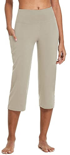 BALEAF Yogabyxor, dam, 3/4, lediga fritidsbyxor, joggingbyxor, raka ben, hög midja, träningsbyxor, arbetsbyxor med fickor, magkontroll för fitness, träning, fritid,, BRUN, XL