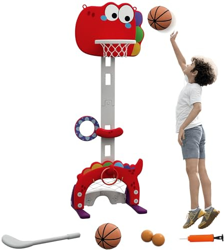 AIYAPLAY Canestro Basket per Bambini 5 in 1 con Altezza Regolabile, Porta da Calcio e Golf, Gioco per Bambini da 3-6 Anni, Rosso