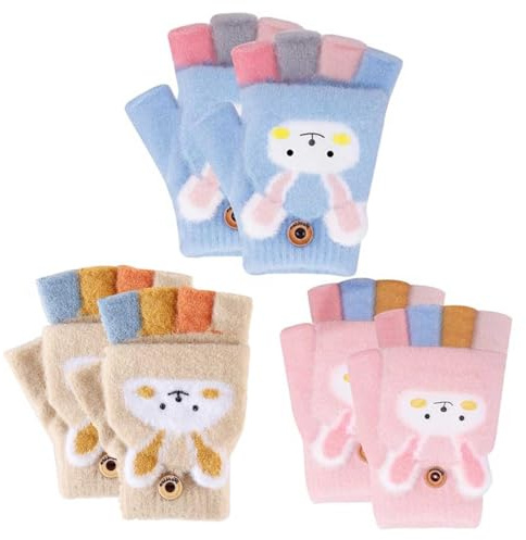 3 Paia Guanti Senza Dita Bambino,Guanti in Maglia Senza Dita,Caldi Guanti Mezze Dita,Flip Top Guanti Bambino Invernali,Guanti con Patta con Bottoni,Guanti e Muffole per Ragazzo Ragazze 3-12 Anni