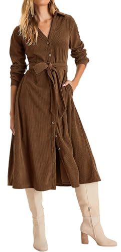 R.Vivimos Automne Hiver Femmes Robe Manches Longues Bouton Midi Col V Cravate Taille Robe Corduroy Robes Chemise avec Poches(S,Brown)
