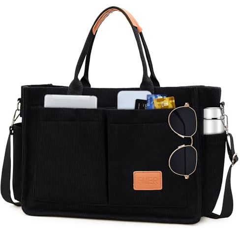 Keyck Tote Bag Bolso Mujer Grande Bolso Bandolera Mujer de Pana con Muchos Bolsillos, Bolso Universidad Bolsos de Hombro con Cremallera y Correa Ajustable para Trabajo Viajes Compras Escuela (Negro)
