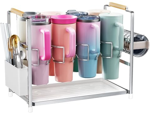 Housolution Water Bottle Organizer Drying Rack for 40 oz Tumbler with Handle, Multifunctional Cup Storage Holder Compatible with Stanley, Owala, Simple Modern and Other Brands, Silver(Patented)