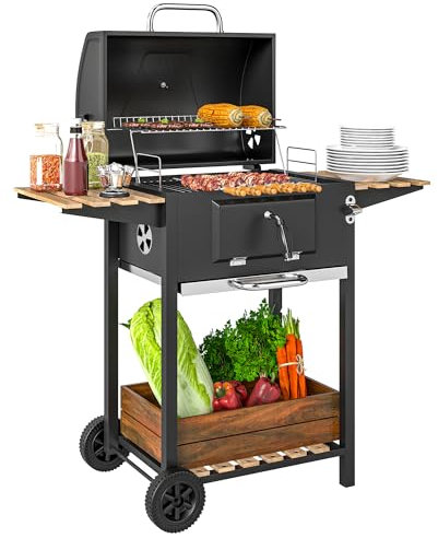 Outsunny Charcoal BBQ Grill with Height Adjustable Charcoal Pan, Portable Barbecue Smoker with Warming Rack, 3 Shelves, Temperature Gauge, Wheels, Bottle Opener for Outdoor Cooking Garden Party