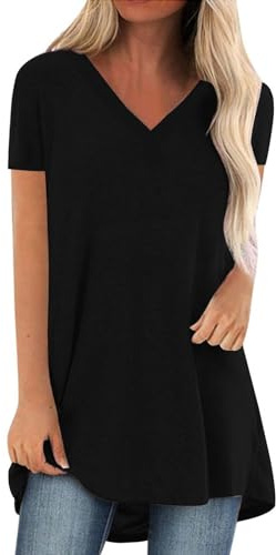 Tunique Long Femme Col en V, Tee Shirt Manche Courte Femme Grande Taille,Haut Sport Décontractés Ample Printemps Et été Top Couleur Unie pour L'extérieur Le Quotidien Activités en Plein Air