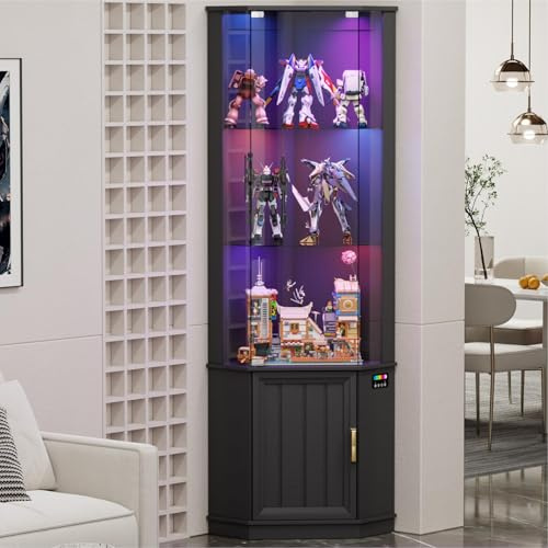 Gurexl Corner Display Cabinet with 24 Colors Dimmable for Bedroom,Black
