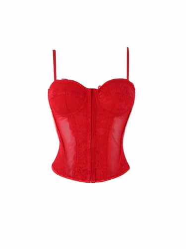 USOHJZ Blommig jacquard underbröstkorsett för kvinnor med elastisk midja och ribbor, bantning bustier, korsett, Röd, XS