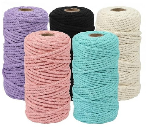5 Rollos Hilo Macrame 3mm x 50m, Hilo Crochet, Cordón de Algodón Natural, Cuerda Macrame de Algodón, Macrame Kit para Manualidades, Decoración de Paredes y Bohemia, 5 Colores