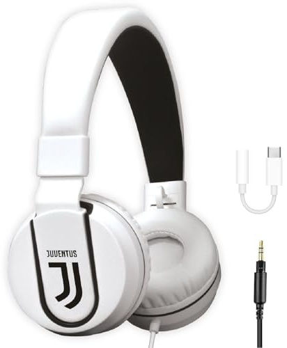 Juventus Football Cuffia microfono incluso |ON-EAR |con filo cavo aux | Bianco/Nero | con adattatore usb-c