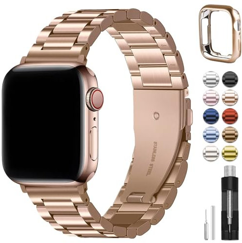 Fullmosa Bracelet Compatible avec Apple Watch 44mm 45mm 42mm(Series 3/2/1),Femmes Bracelet iWatch en Acier Inoxydable Métallique pour iWatch SE 2 SE Séries 9/8/7/6/5/4/3/2/1, Or Rose