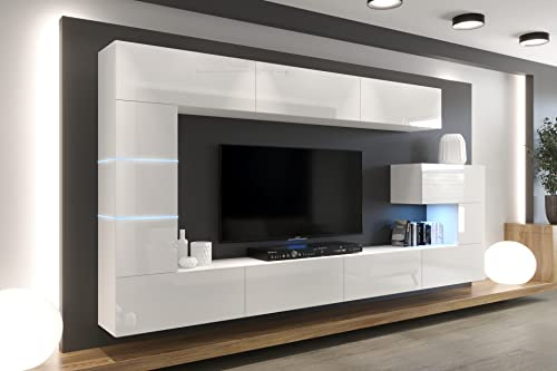 Furnitech Wohnwand Wohnzimmer - Möbel mit LED Weiß - Hängend Wohnwand Modern - Schrankwand mit Regale und TV Schrank (AN89NEW-21W-HG2)