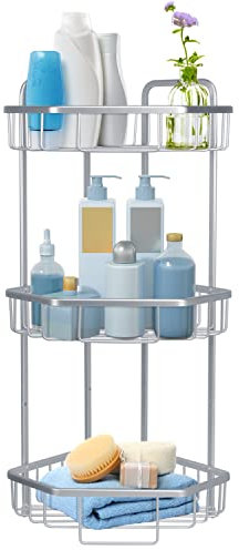 Duwee Eck-Duschregal mit 3 Etagen, Wandmontage, Duschablage aus Aluminium, rostfrei, für Dusche, WC, Wohnheim, Küche, silberfarben