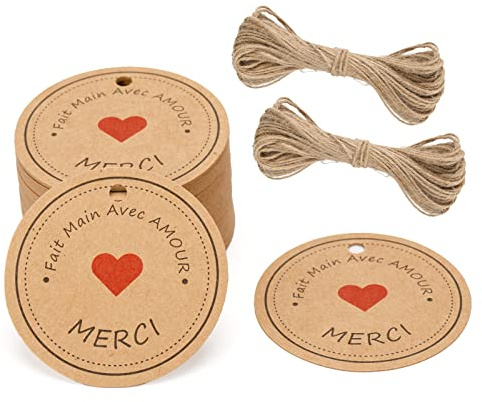G2PLUS Merci Lot de 100 étiquettes cadeaux en papier kraft avec ficelle de jute 5 cm