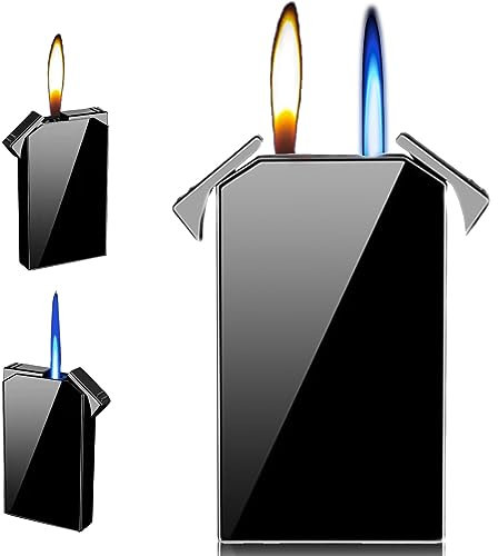 Double Flame Feuerzeug Sturmfeuerzeug: Gas Nachfüllbar Jetflamme Feuerzeug Winddicht umschaltbares Fackelfeuerzeug mit weicher Flamme, Coole Feuerzeuge Geschenke für Männer(Schwarz,ohne Gas)