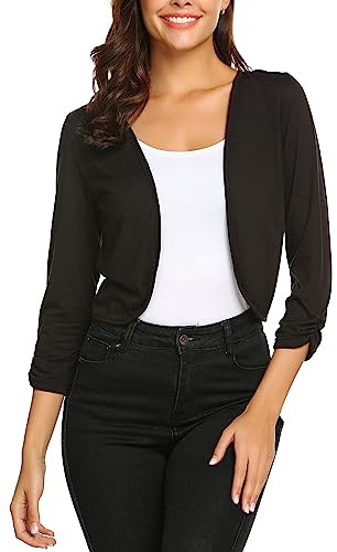 Parabler Donna Bolero Nero Festivo 3/4 Manica Giacca Corta per Abito da Sera Elegante Cardigan Leggero per Matrimonio Primavera Estate Cardigan S