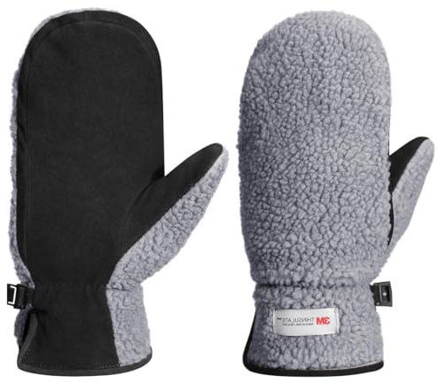 Harssidanzar Damen Winter Lederhandschuhe Outdoor Warm gefüttert Skifahren Fäustlinge SL020EU,Grau/Schwarz,Größe L