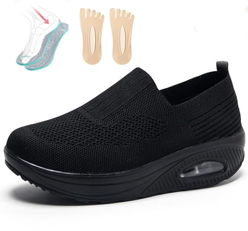 PTKG Orthopädische Schuhe Damen Sommer Sneaker, 2023 Neu Luftpolster Mesh Diabetiker Turnschuhe Mit Luftkissen, Weich Bequeme Slip on Walkingschuhe Sandalen Sportschuhe,Schwarz,40EU
