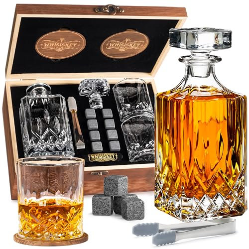 WHISISKEY Decantador de Whisky - Jarra de whisky - Decantador 700ml - Set de Regalo de Whisky - Regalos Originales para Hombres - 2 Vasos de Whiskey x 310ML, 8 Piedras de Whisky, Accesorios