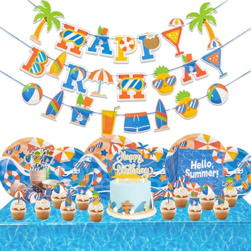 EASY JOY 112Pcs Summer Swimming Pool Party Decorations Set - Ocean Theme Plates, Napkins, Cups, Banners and Beach Tableware for Birthday