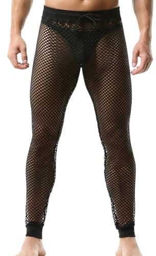 AIEOE Legging en résille pour homme - Sous-vêtements en maille transparente - Pantalon décontracté avec cordon de serrage - Taille basse - Coupe musculaire - Pantalon long en maille transparente, Noir