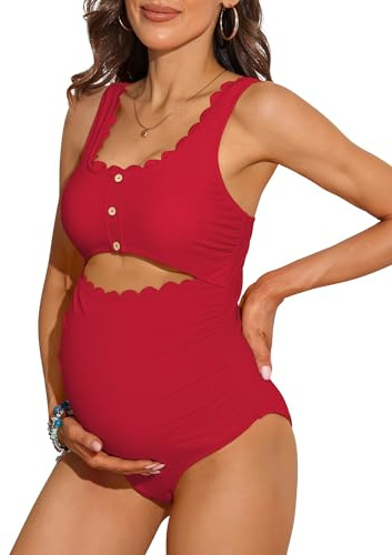 Charmo Maternity Bathing Suit One Piece Ruched Scoop Neck Swimsuit Scallop Edges Cut-Out Pregnancy Swimwear Red M