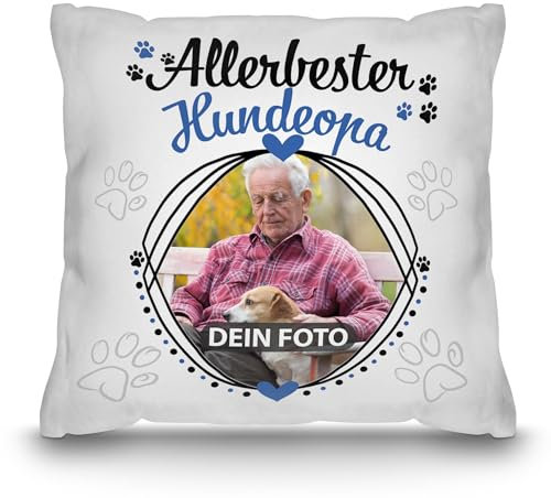 PR Print Royal Hunde-Kissen mit Foto Allerbester Hundeopa - Geschenk für Hundefreunde zum Geburtstag | Personalisiertes Geschenk, inkl. Füllung, Weiß