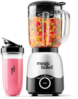 magic bullet Combo Blender, 600W, 48oz Pitcher, 16oz Cup with To-Go Lid, Easy Cleaning, Cross Blade, for Smoothies, Sauces, Shakes, Salsa, Hot Blends, Silver, MBF50200