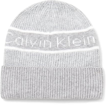Calvin Klein Damen Marled with Logo Beanie-Mütze, Heather Mid Grey, Einheitsgröße