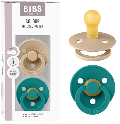 BIBS Colour Soother 2-Pack, BPA Free Dummy Pacifier, Round Nipple. Natural Rubber Latex, Made in Denmark, Size 1 (0-6 Months), Taupe/Scuba